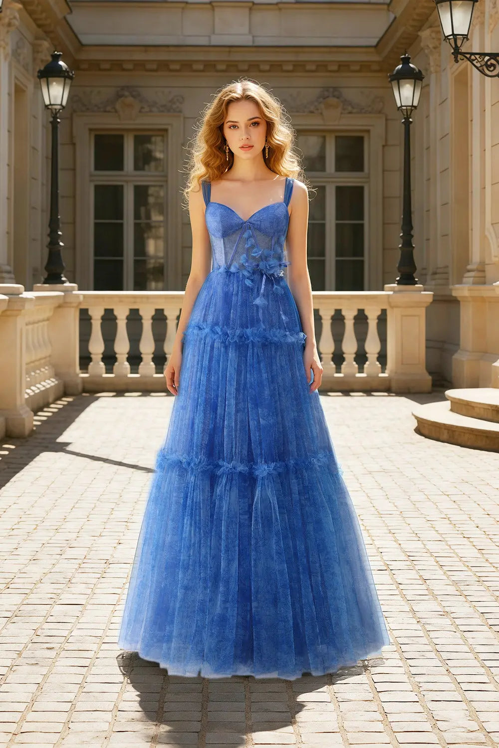 Dramatic Blue Tulle Sweetheart Ball Gown Prom Dress with 3D Floral Lace SH476 Sheer Fairy