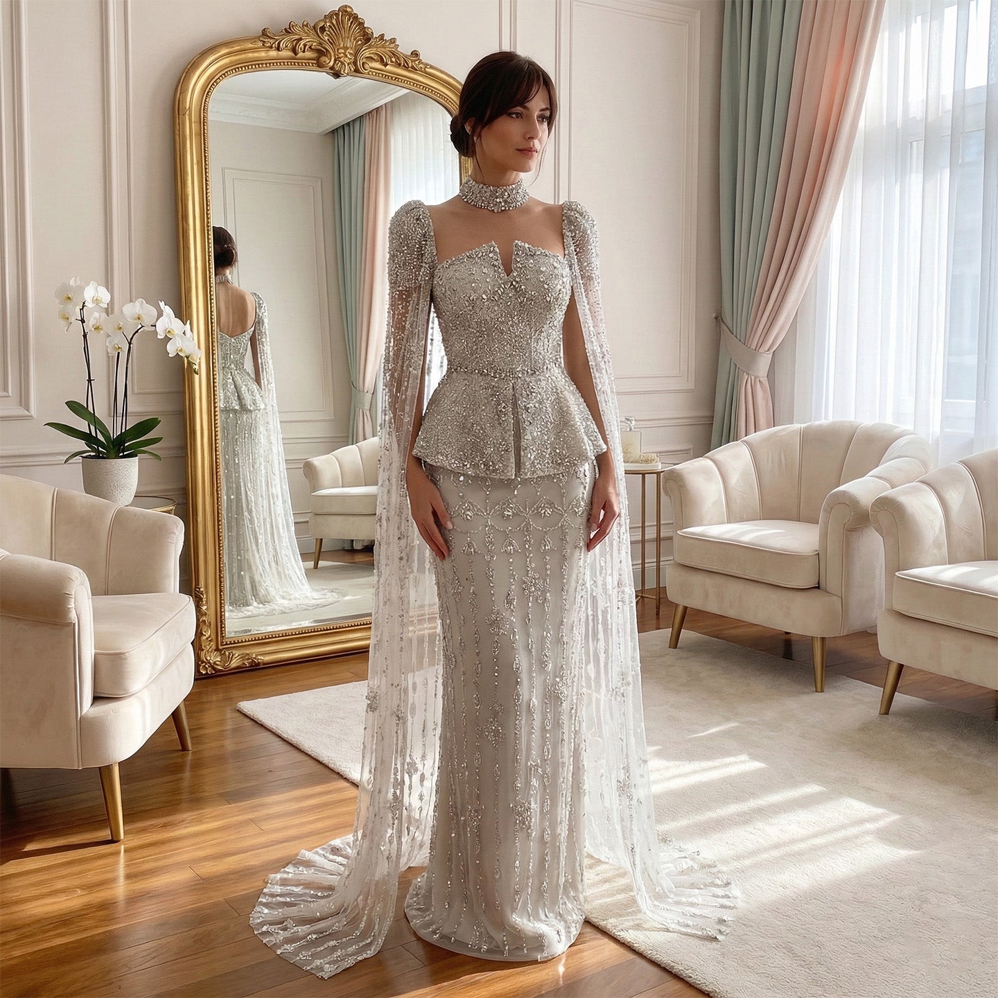 Luxury Silver Crystal Beaded Cape Mermaid Evening Dress Gown with Peplum SS531 Sheer Fairy