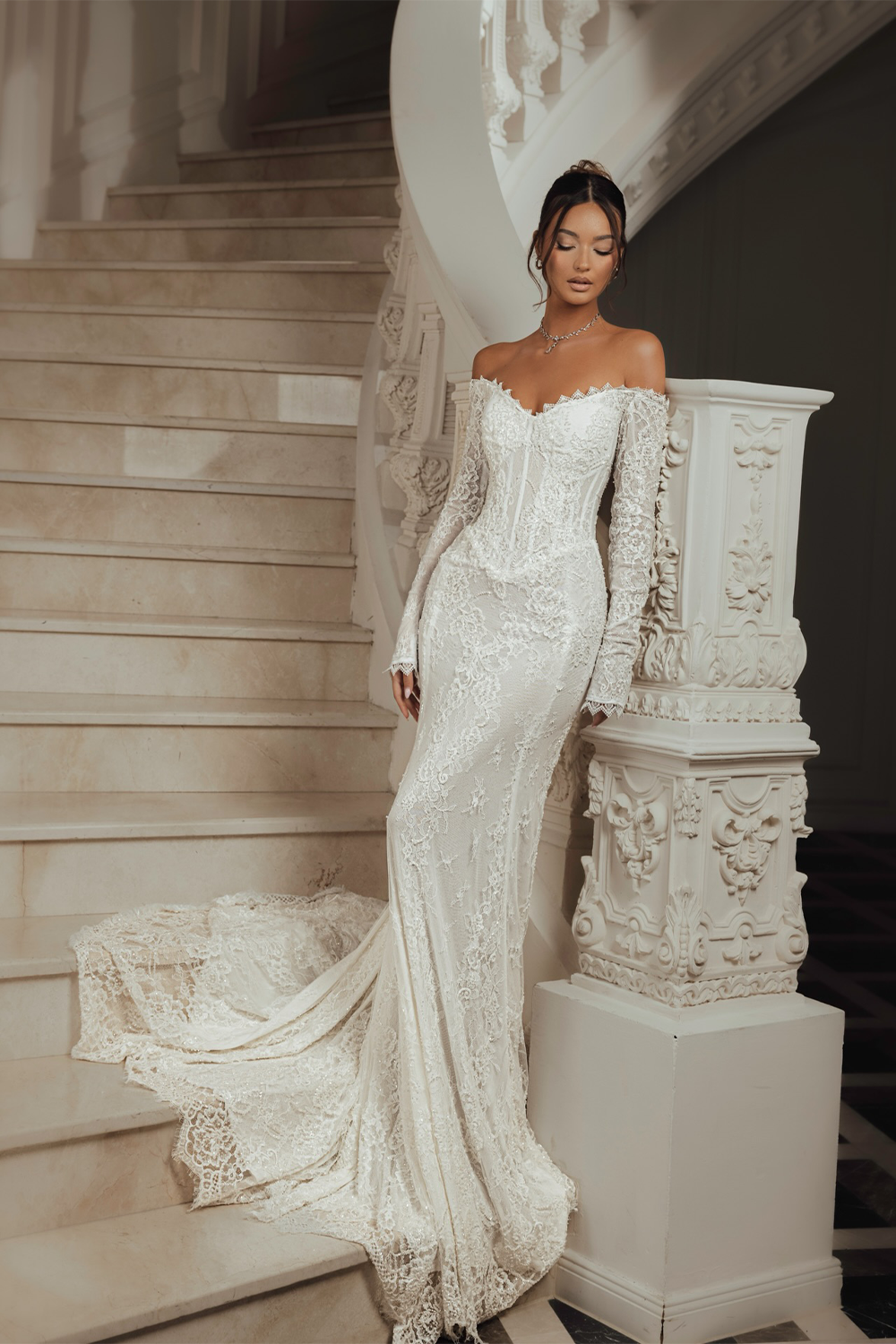 White Sweetheart Neck Sheer Long Sleeve Embroidered Lace Wedding Dress SW135 Sheer Fairy