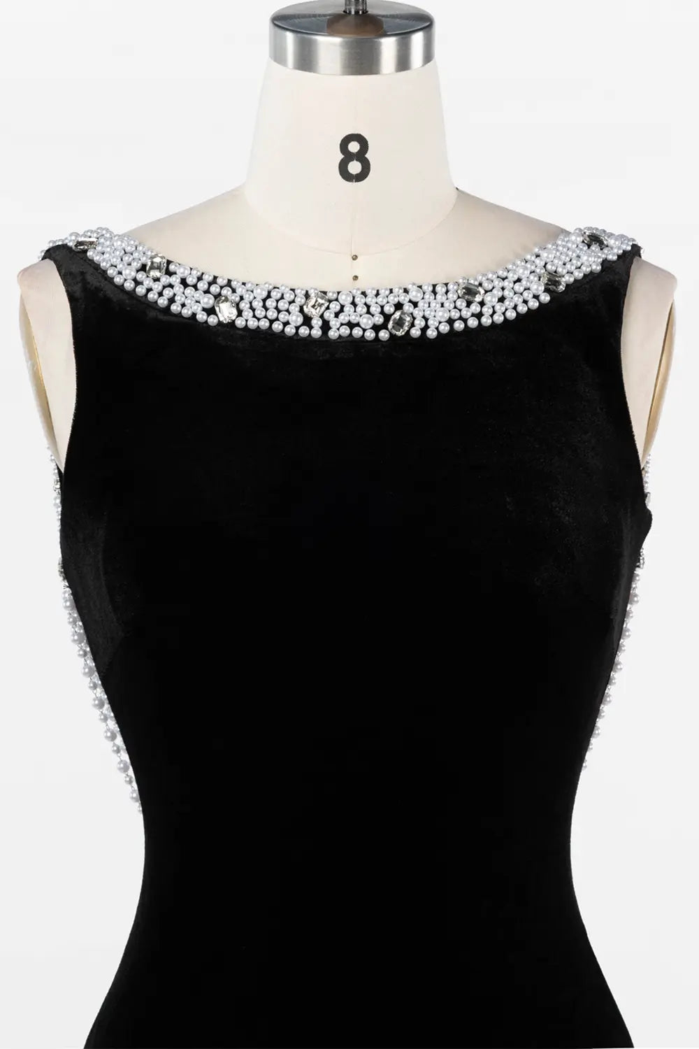 Black Velvet Beaded Neck Open Back Evening Gown ST046 Sheer Fairy