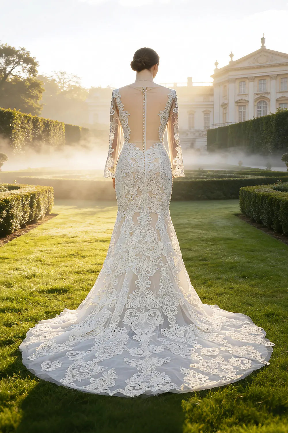 Long Sleeve Sequined Lace Bridal Mermaid Wedding Dress SW660 Sheer Fairy