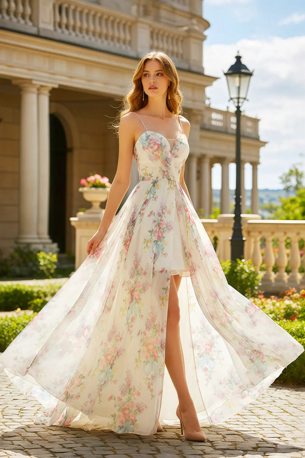 Floral Print Tulle A-Line Spaghetti Straps Beige Prom Dress SH470 Sheer Fairy