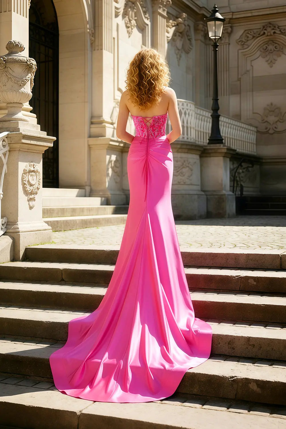 Hot Pink Beaded Satin Mermaid Sweetheart Lace Prom Dress SH447 Sheer Fairy