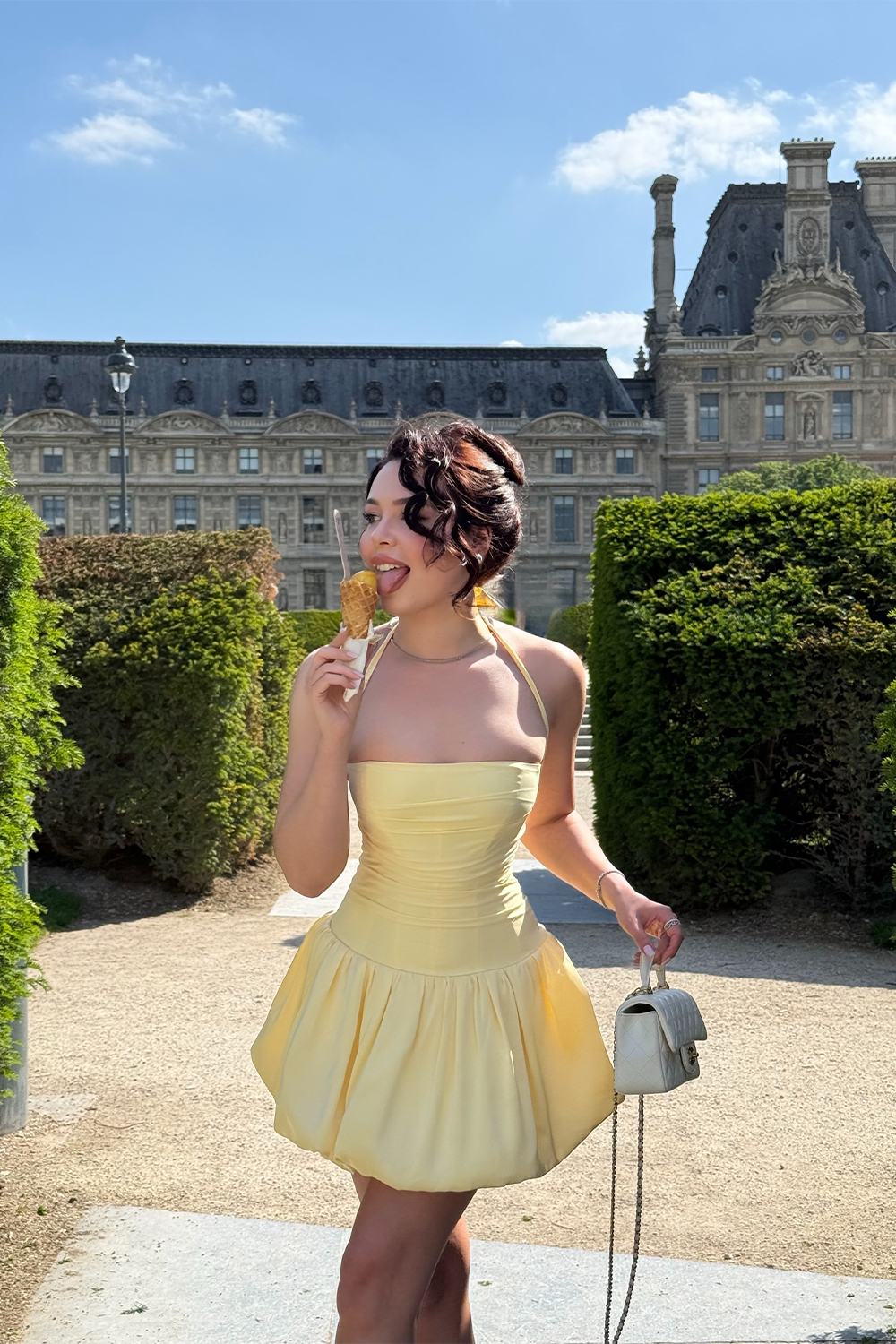 Yellow Halter Mini Dress Bubble Hem Corset Back Summer Prom Dress RM250 Sheer Fairy