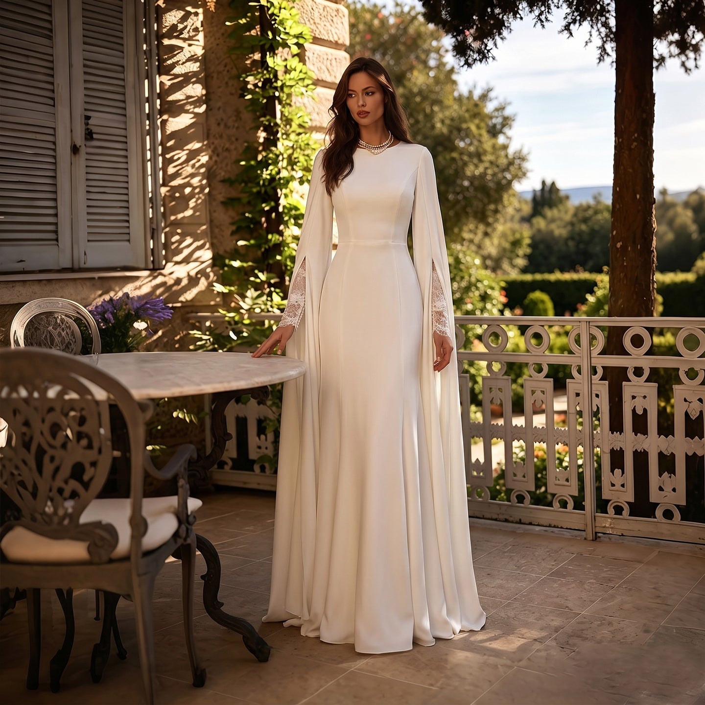 Ivory Minimalist Modest Mermaid Beaded Satin Wedding Dress  Sweep Train SW513 Sheer Fairy