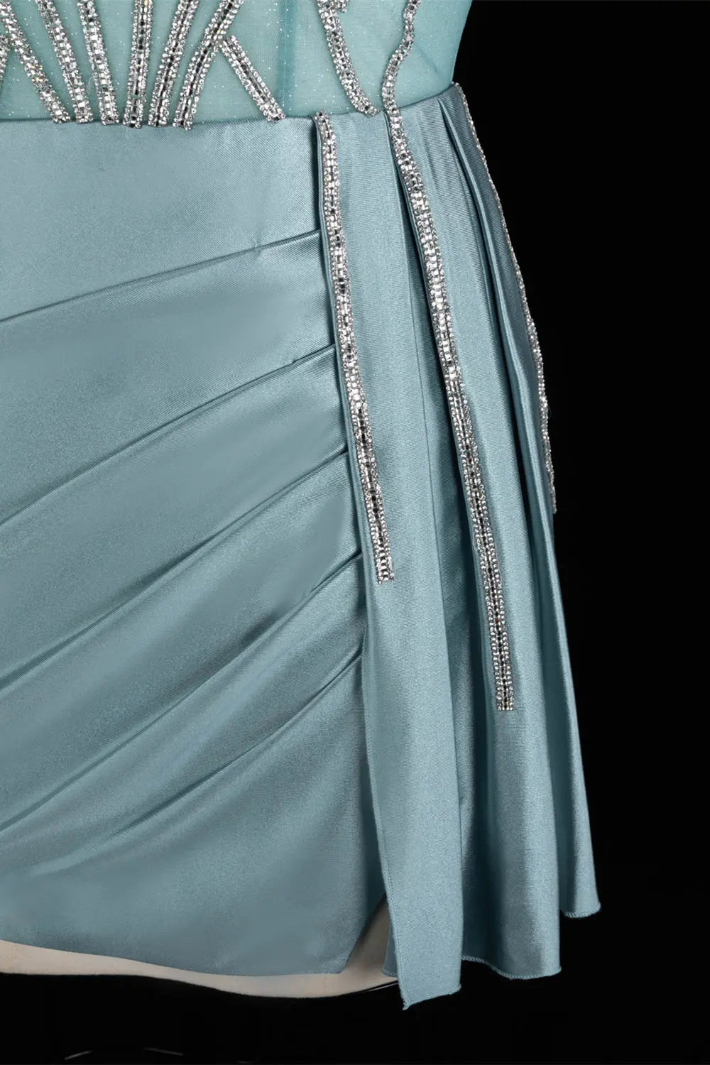 Turquoise Satin Spaghetti Strap Sheath Mini Homecoming Dress RM174 Sheer Fairy