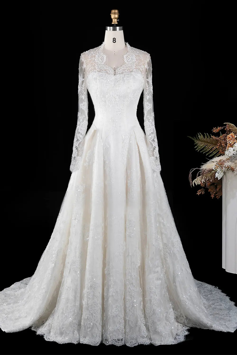 Off White Floral Long Sleeve Ball Gown Wedding Dress SW672 Sheer Fairy