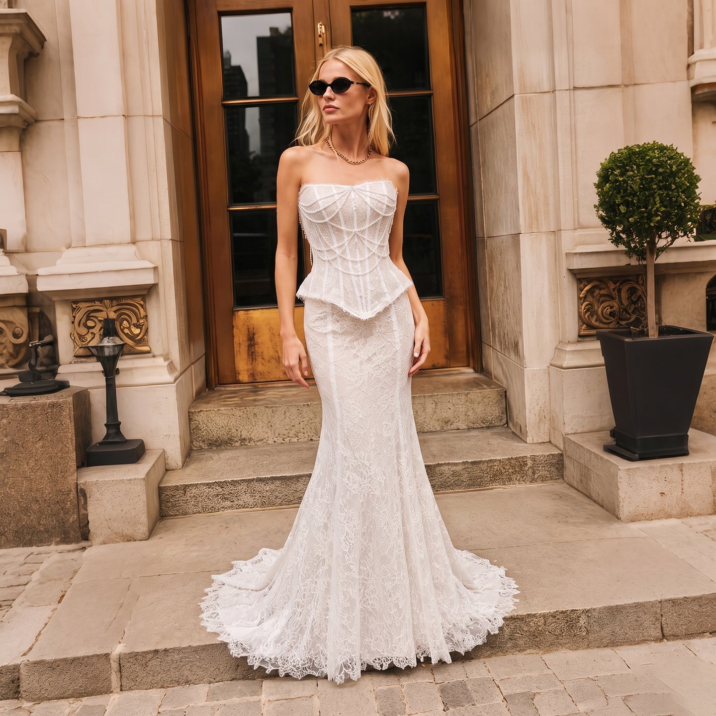 White Nude  Mermaid Wedding Dress Beaded Chain Detailing With Lace Train  SW626 Sheer Fairy