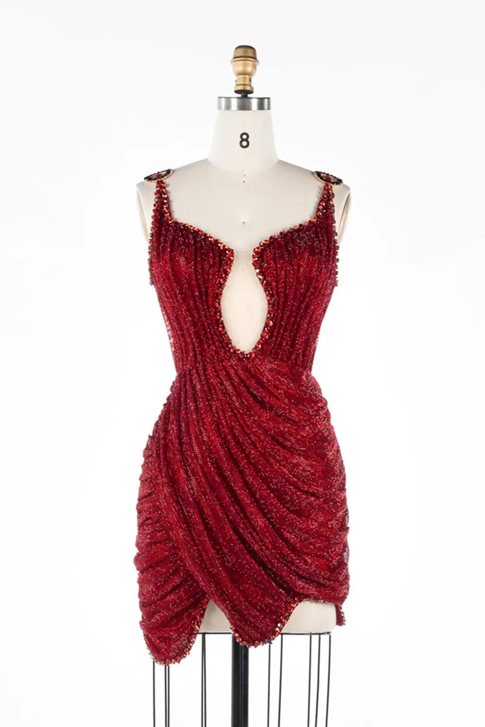 Wine Red Beaded Ruched Cutout Mini Evening Dress ST039 Sheer Fairy