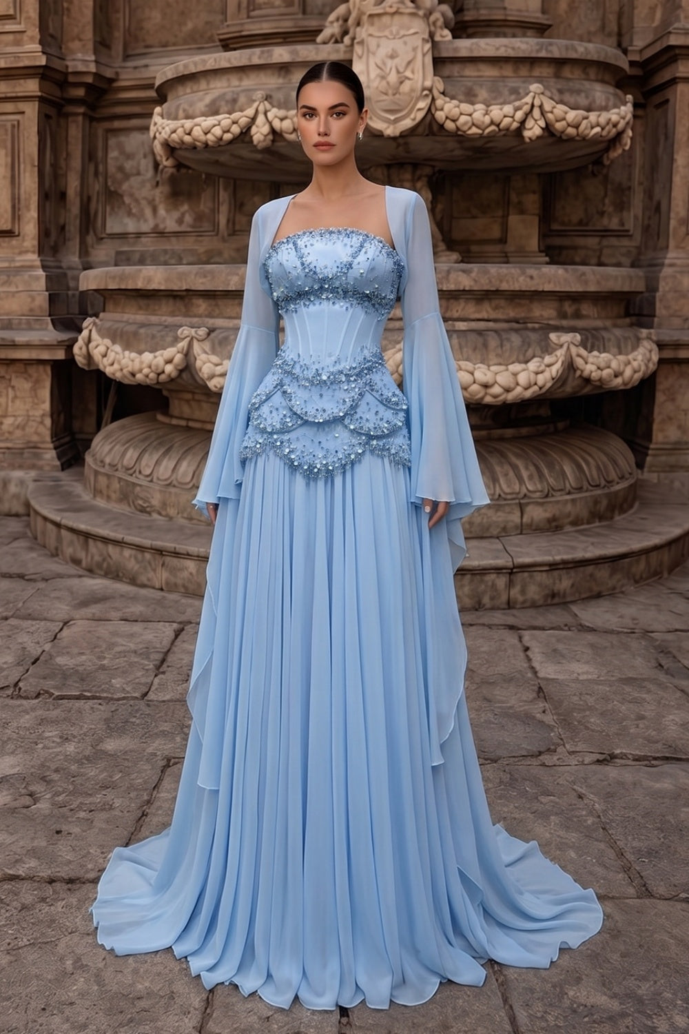 Luxury Blue Beaded Formal Evening Gown with Bell Sleeves SS286 Sheer Fairy