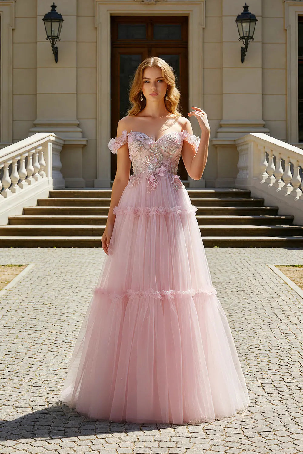 Blush Off-the-Shoulder Tulle Ball Gown Pink Prom Dress SH480 Sheer Fairy