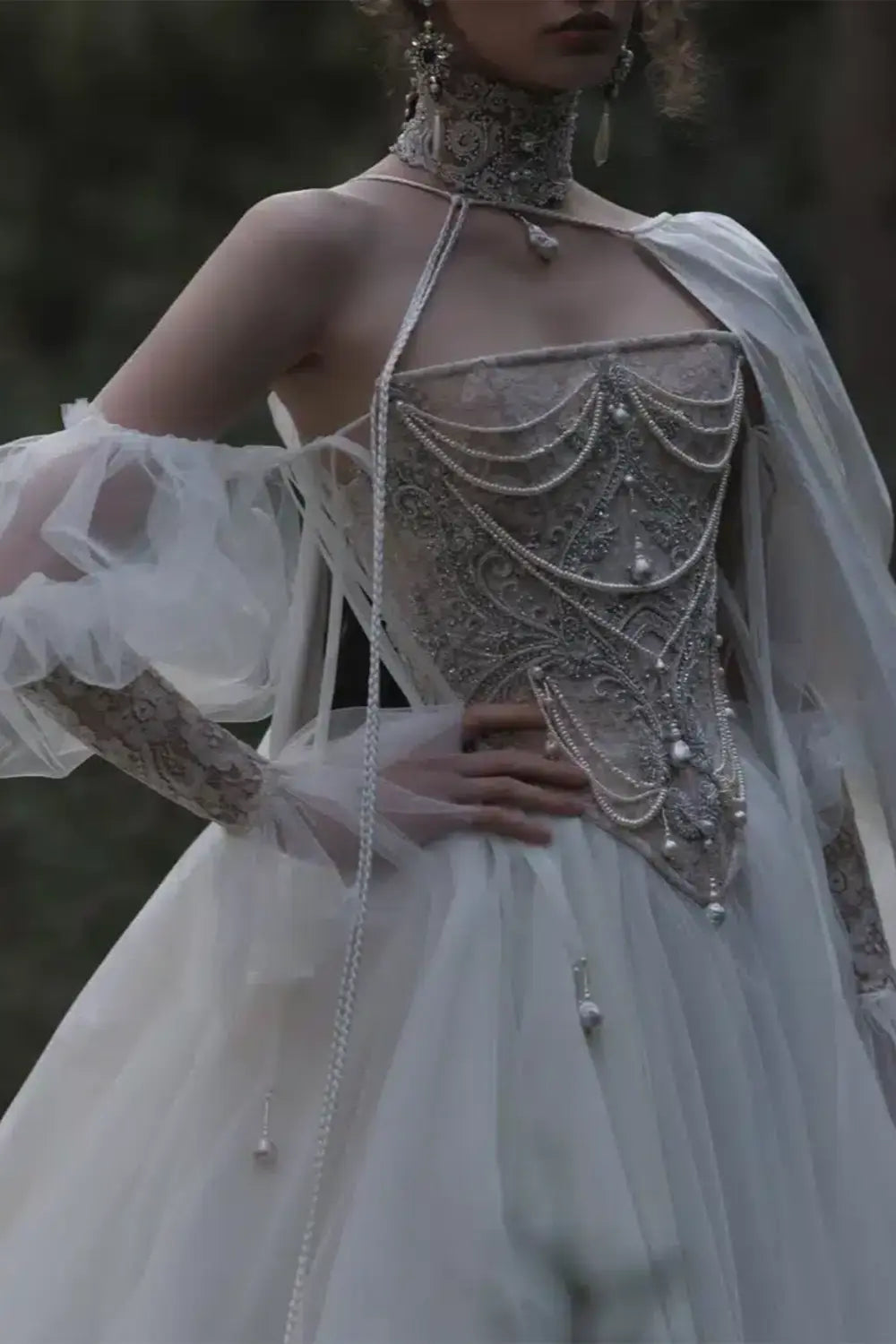 White Pearl Beaded Corset Wedding Dress with Detachable Puff Sleeves SW663 Sheer Fairy