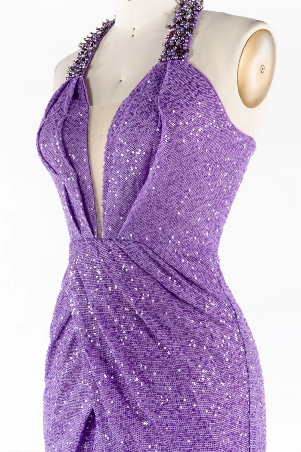 Purple Beaded Halter Neck Sequin High Slit Evening Gown ST056 Sheer Fairy