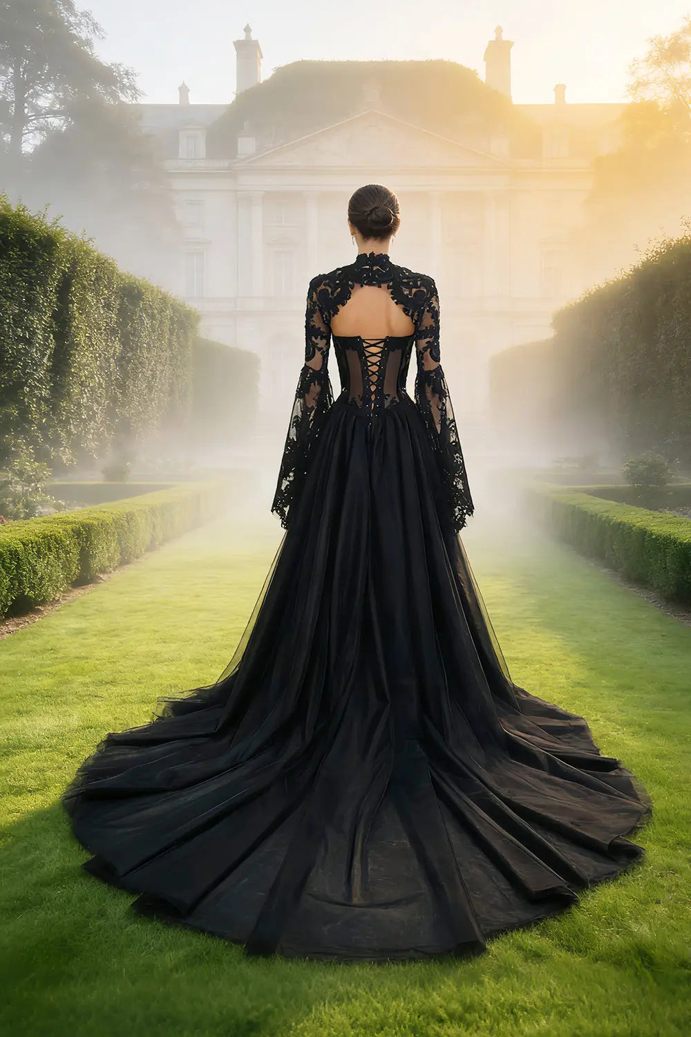 Black Gothic Lace A-Line Mandarin Collar Wedding Dress SW560 Sheer Fairy