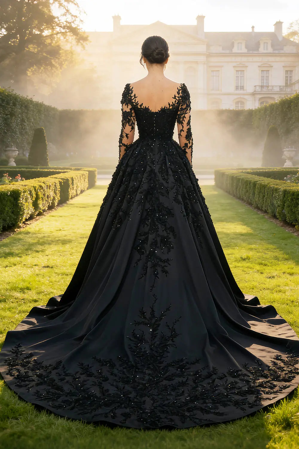 Black Satin Ballgown Wedding Dress with Illusion Lace V-Neck SW559 Sheer Fairy