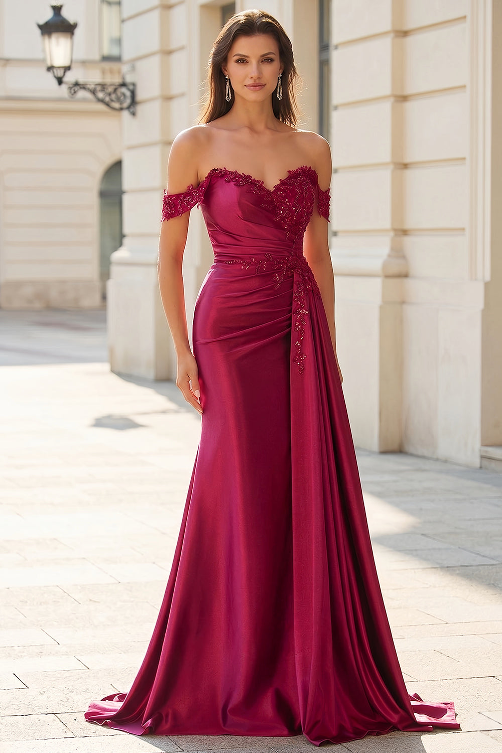 Burgundy Off-the-Shoulder Lace Applique Mermaid Prom Dress with Drape SH770 Sheer Fairy
