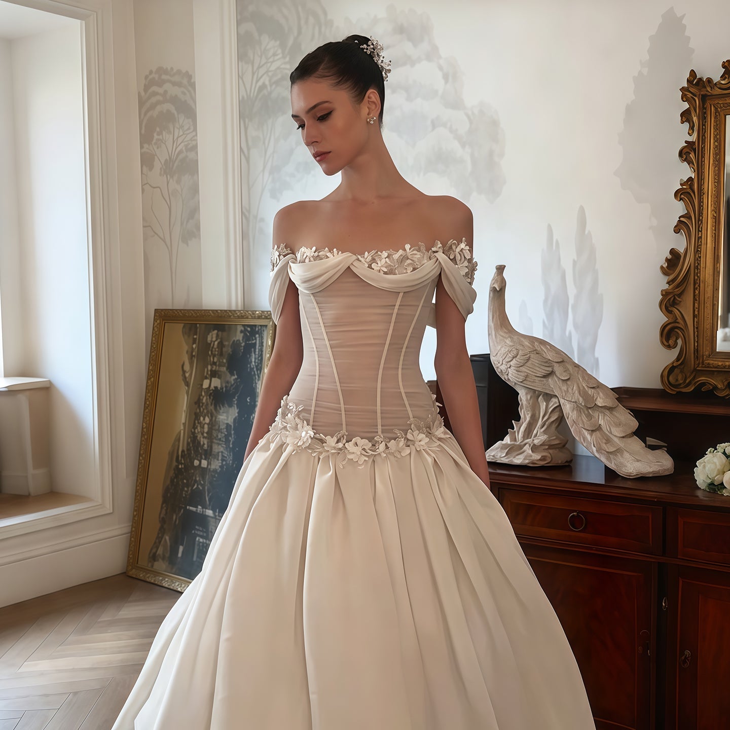 Off-the-Shoulder Corset Ball Gown Wedding Dress with Floral SW229 Sheer Fairy
