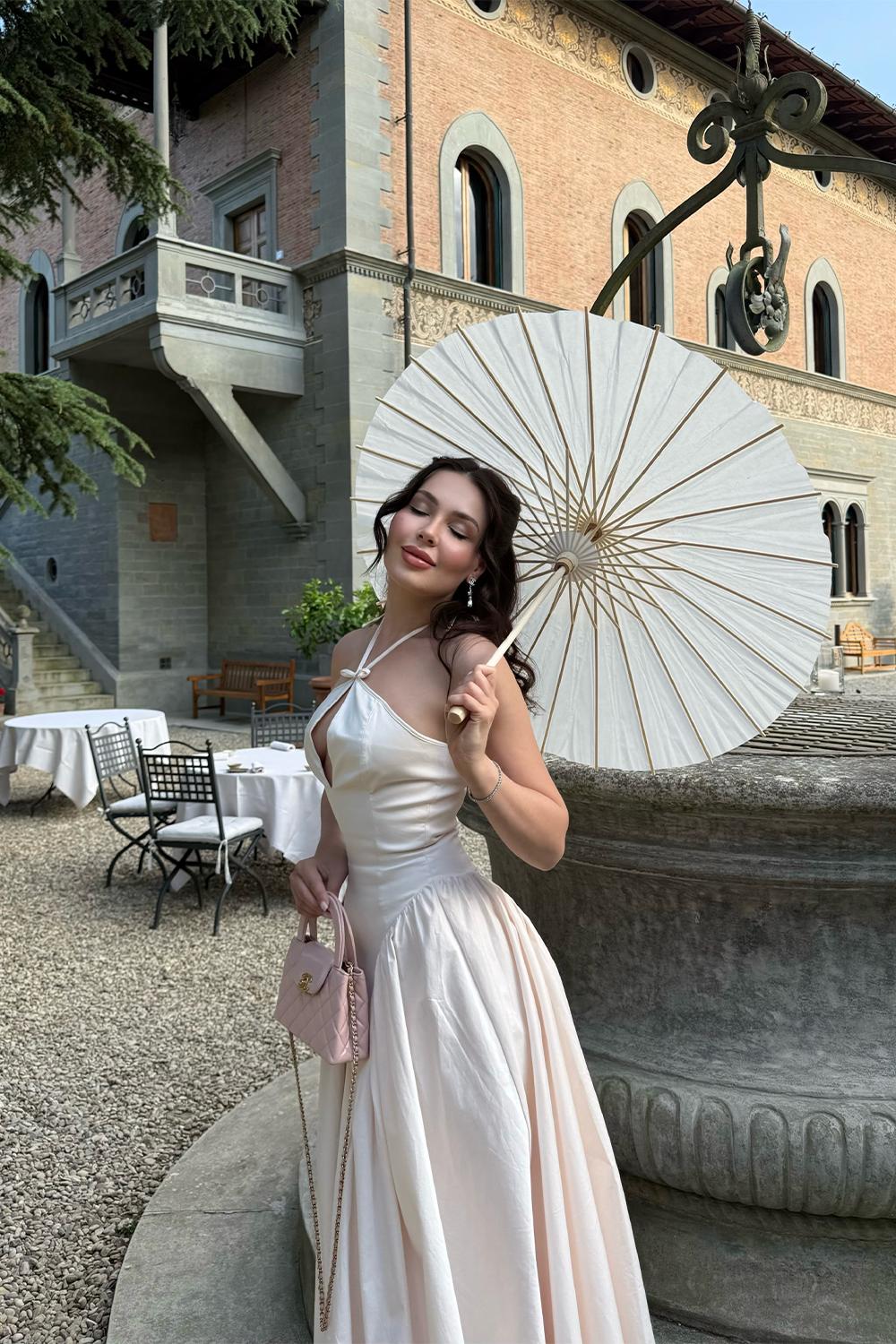 Beige Halter Keyhole Midi Dress Full A Line Skirt Vintage Evening Dress RM251 Sheer Fairy
