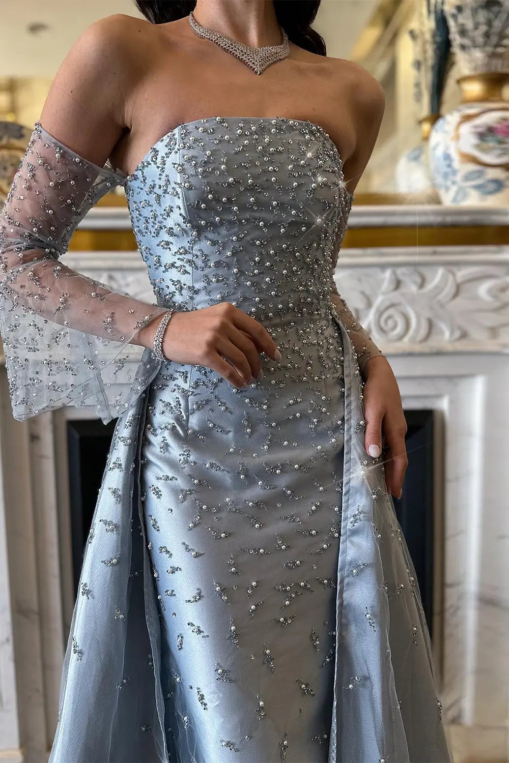 Silver Strapless Mermaid Evening Dress with Detachable Tulle Overlay & Sheer Sleeves SS484 Sheer Fairy