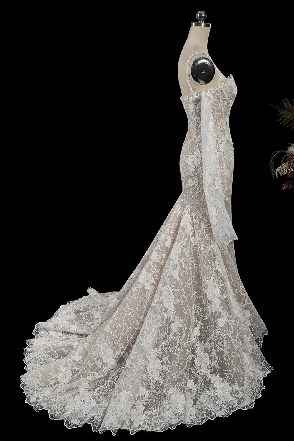 White Lace Mermaid Wedding Dress Long Sleeves Corset SW750 Sheer Fairy