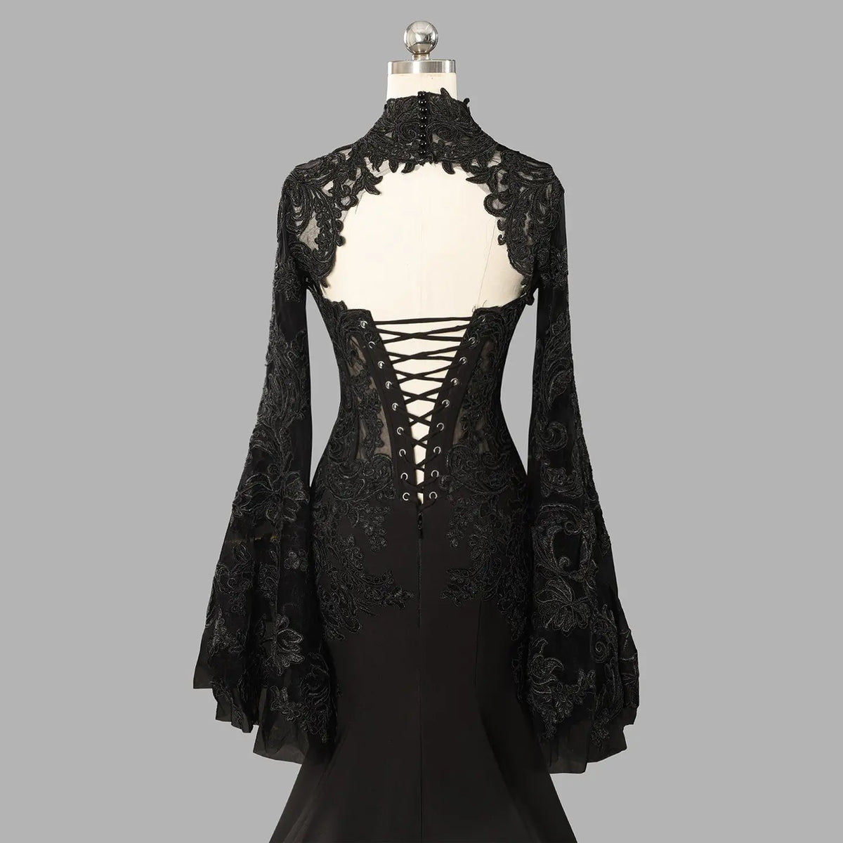 Black Luxury Gothic  Fancy Lace Wedding Dress Mermaid Mandarin Collar  SW562 Sheer Fairy
