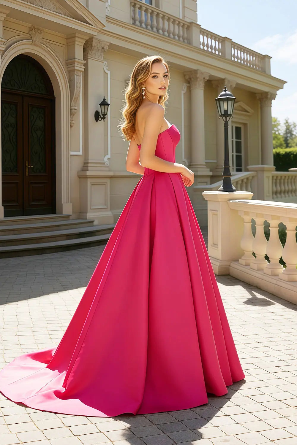 Hot Pink Strapless Sweetheart Satin Ball Gown Prom Dress SH408 Sheer Fairy