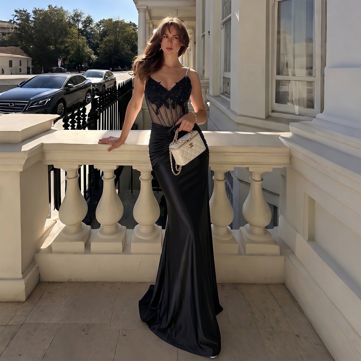 Black Satin Mermaid Evening Sheer Mesh Corset with ruched hipSH094 Sheer Fairy