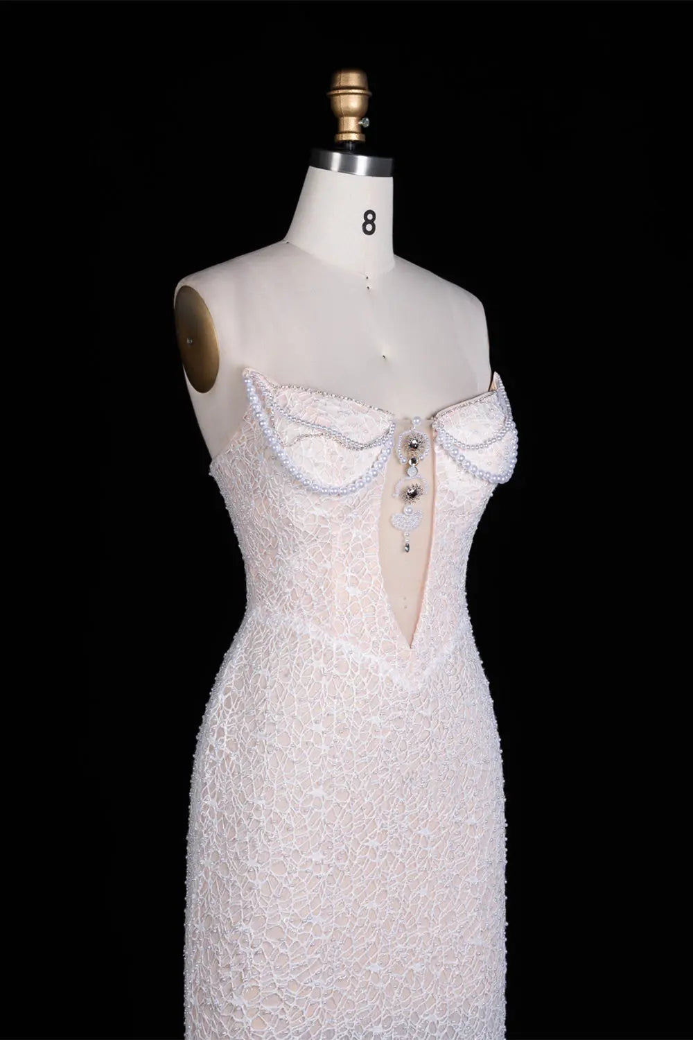 White Pearl Beaded Strapless Evening Dress ST102 Sheer Fairy