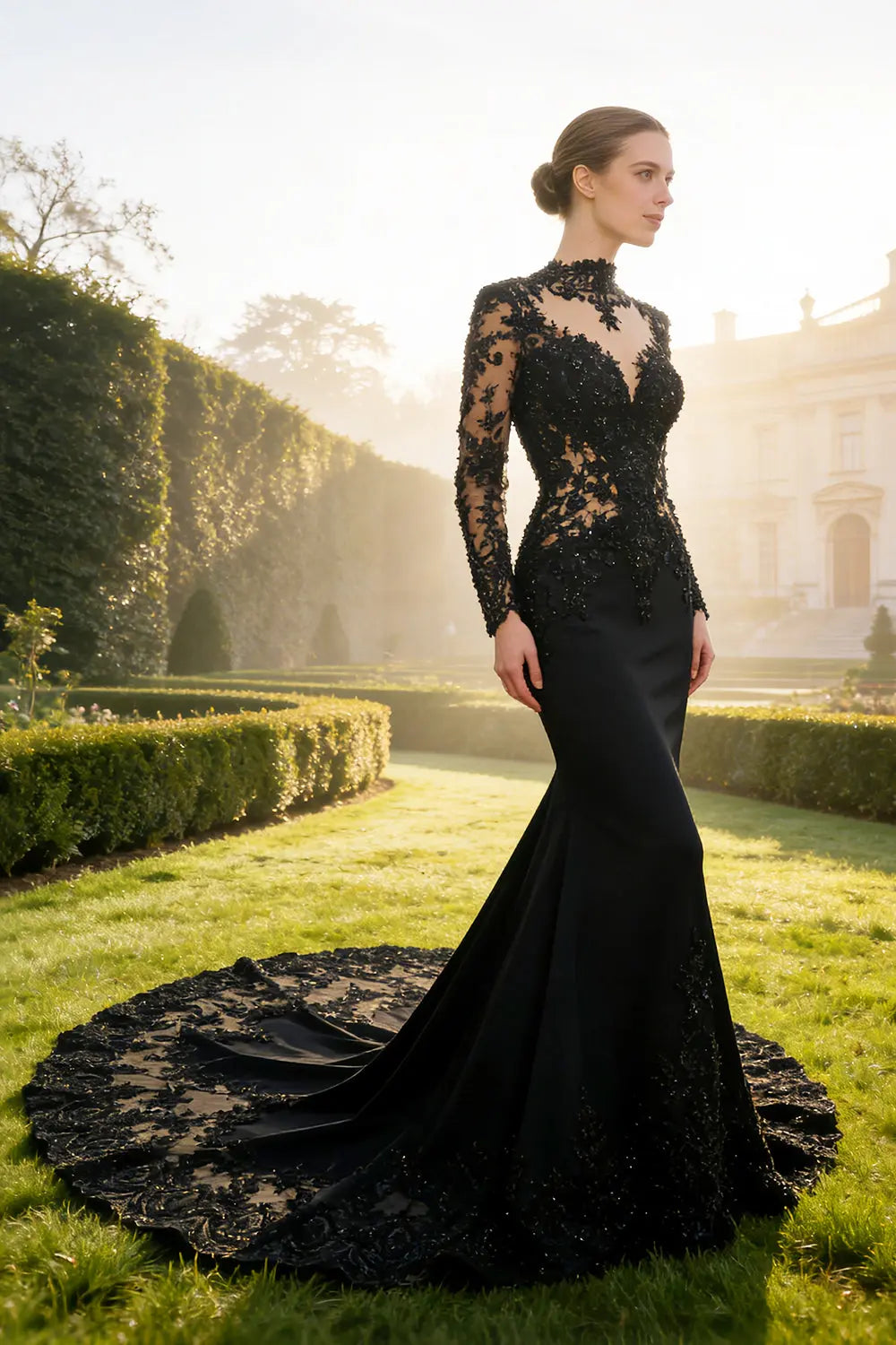 Black Gothic Beaded Lace Trumpet Wedding Dress with Long Sleeves SW555 Sheer Fairy