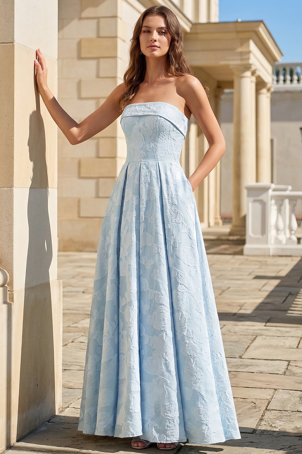 A Line Strapless Sky Blue Lace Sexy Prom Dress SH744 Sheer Fairy