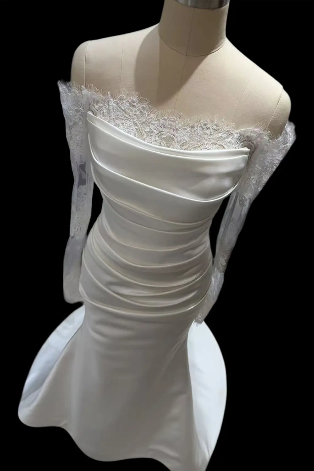Ivory Lace Sleeve Satin Bridal Wedding Dress SW691 Sheer Fairy