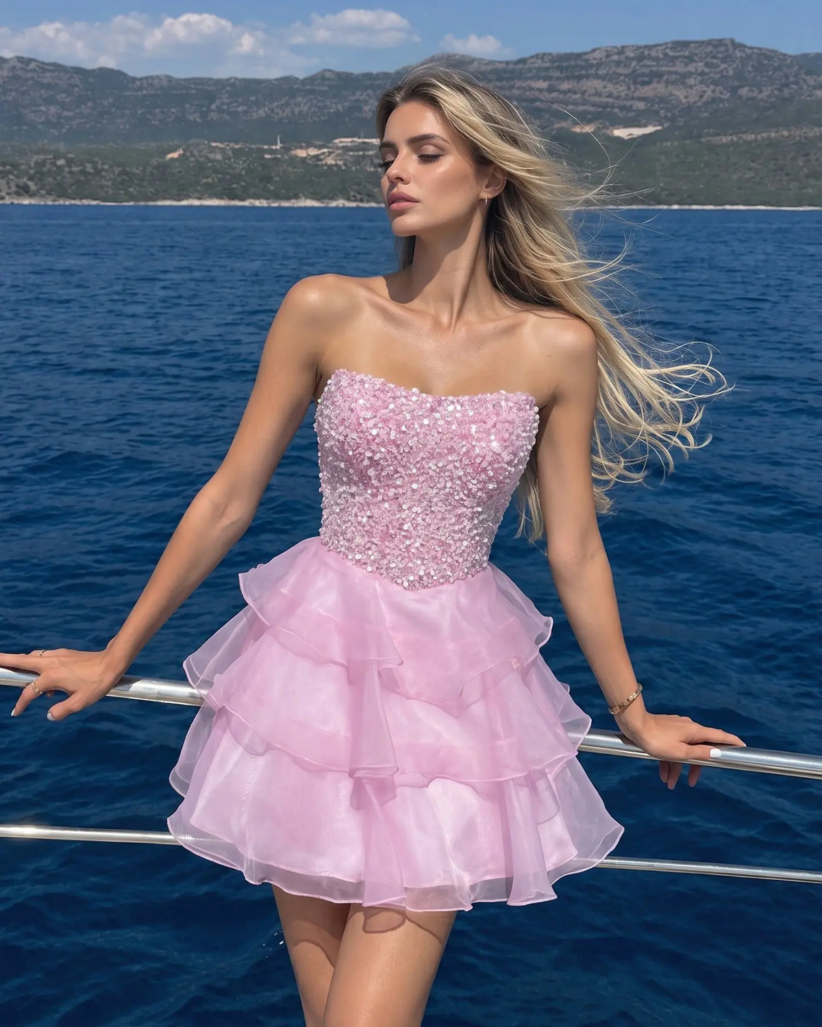 Exquisite Pink Strapless Tiered Homecoming Dress Sheer Fairy