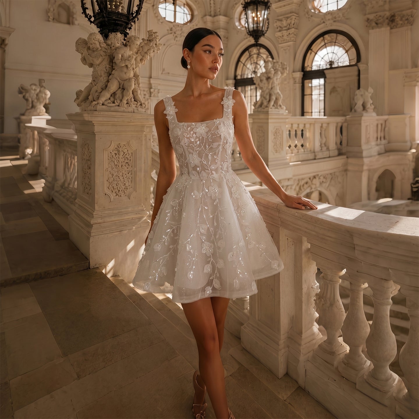 Dreamy White Square Neck Wedding Dress with Floral Appliques SW722 Sheer Fairy