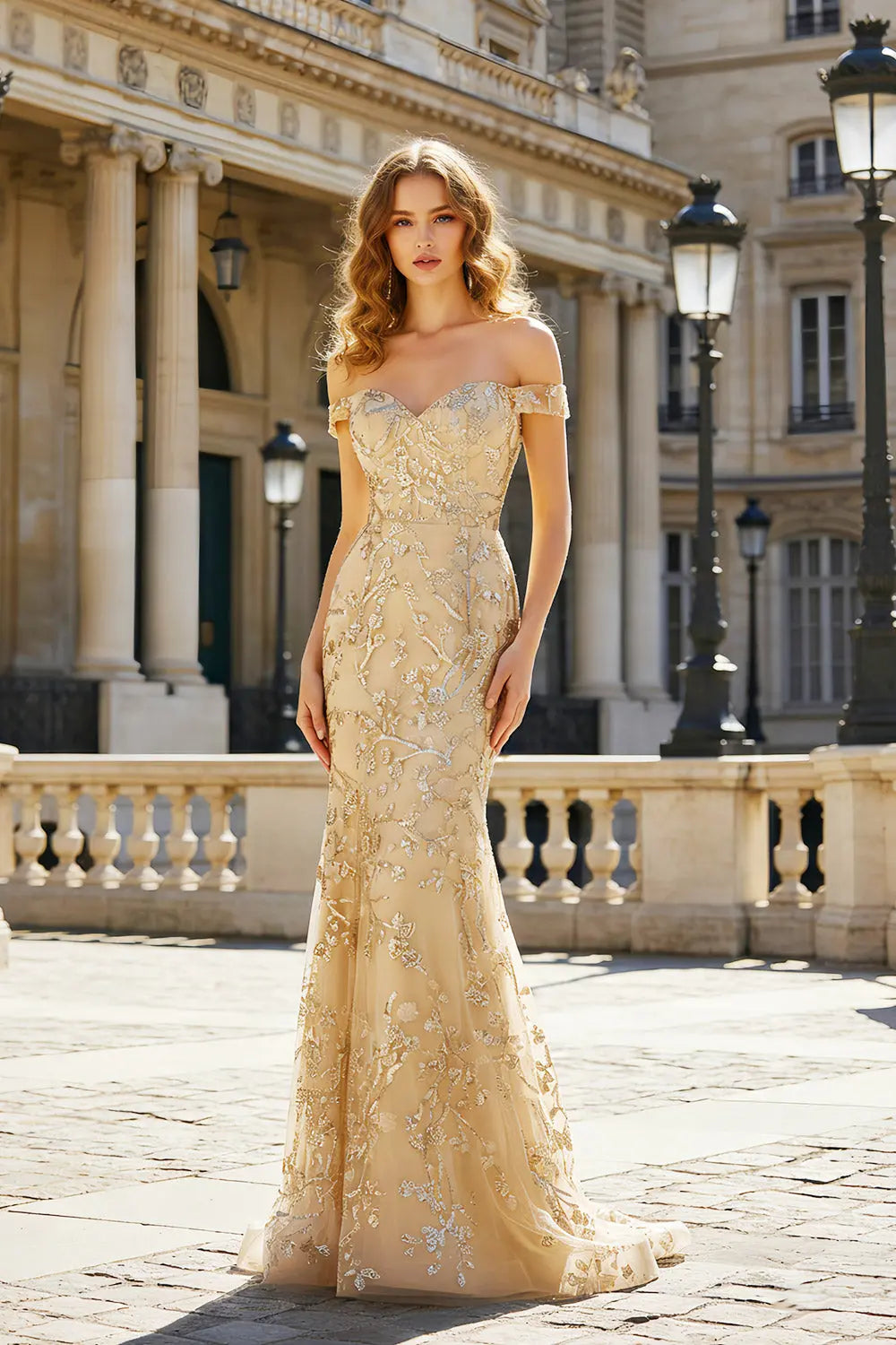 Gold Lace Off-the-Shoulder Mermaid Prom Dress SH485 Sheer Fairy