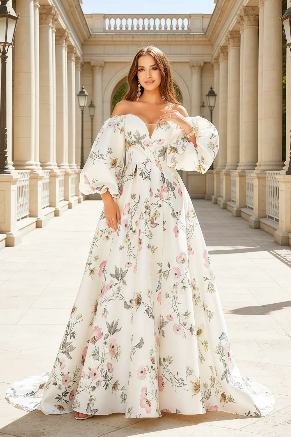 White Floral Print Puff Sleeve Satin Ball Gown Prom Dress SH469 Sheer Fairy