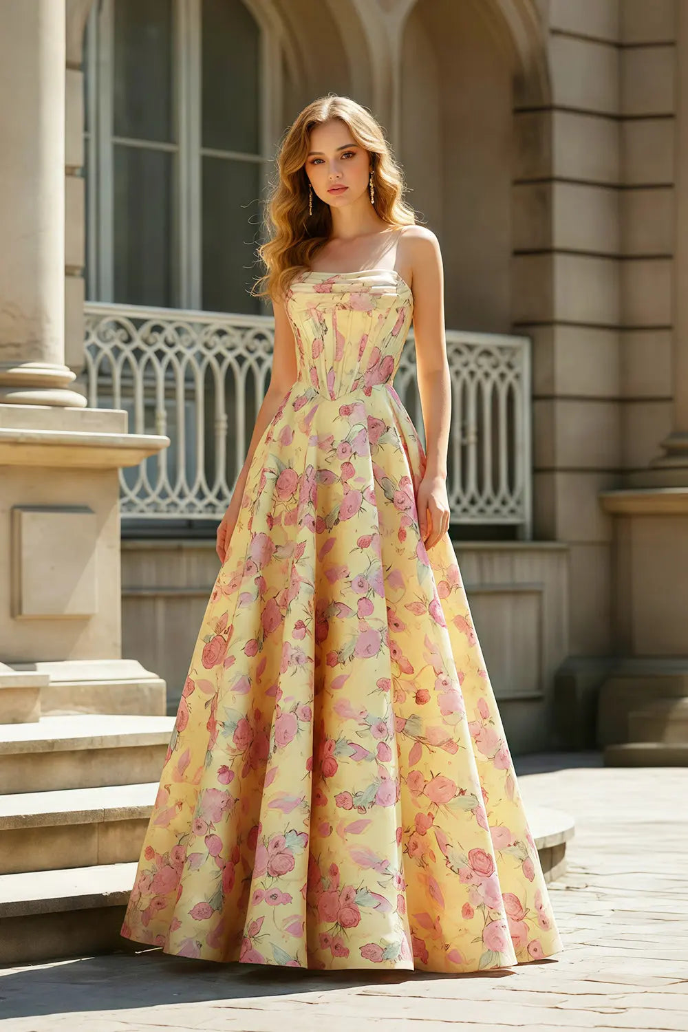 Strapless Yellow Floral Jacquard Ball Gown Prom Dress SH414 Sheer Fairy