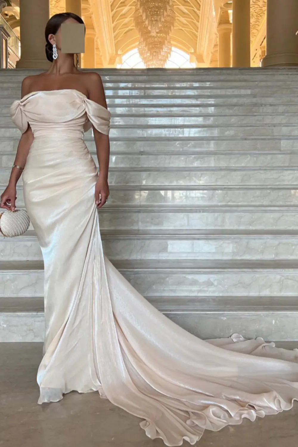 Elegant Off Shoulder Arabic Mermaid Beige Evening Dress SF001 Sheer Fairy