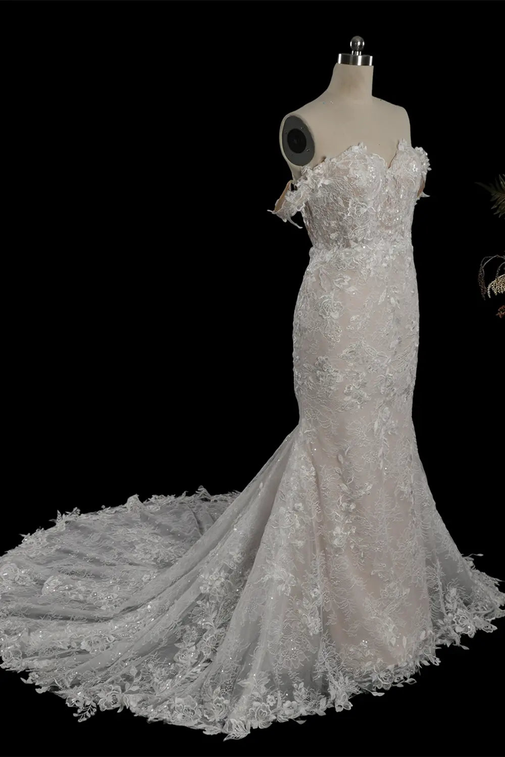 White Lace Mermaid Wedding Dress Off The Shoulder SW763 Sheer Fairy