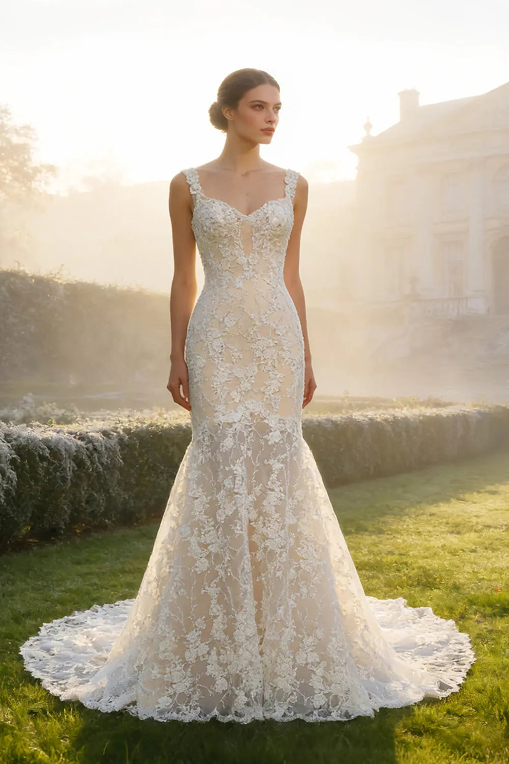 Ethereal 3D Floral Strapless Trumpet Wedding Dress SW657 Sheer Fairy