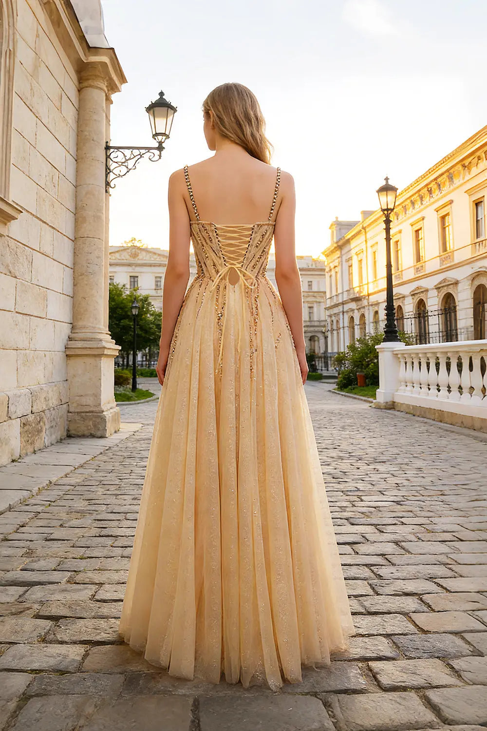 Champagne Spaghetti Strap Tulle A-Line Prom Dress SH410 Sheer Fairy