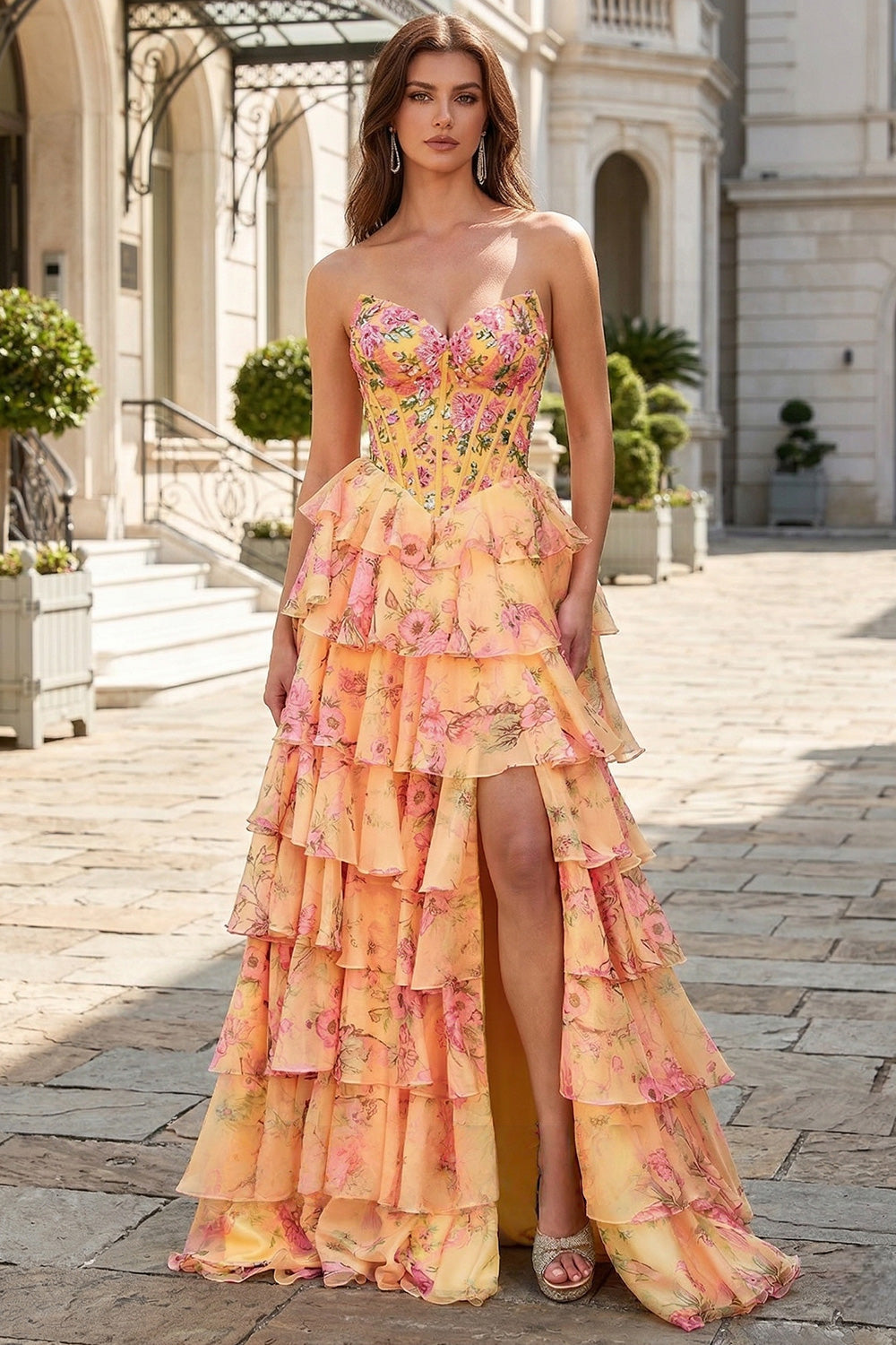 Elegant Yellow Floral Strapless Prom Dress SH738 Sheer Fairy