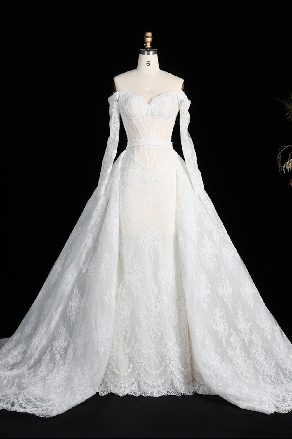 Romantic White Lace Mermaid Bridal Gown Off the Shoulder with Detachable Overskirt SW678 Sheer Fairy