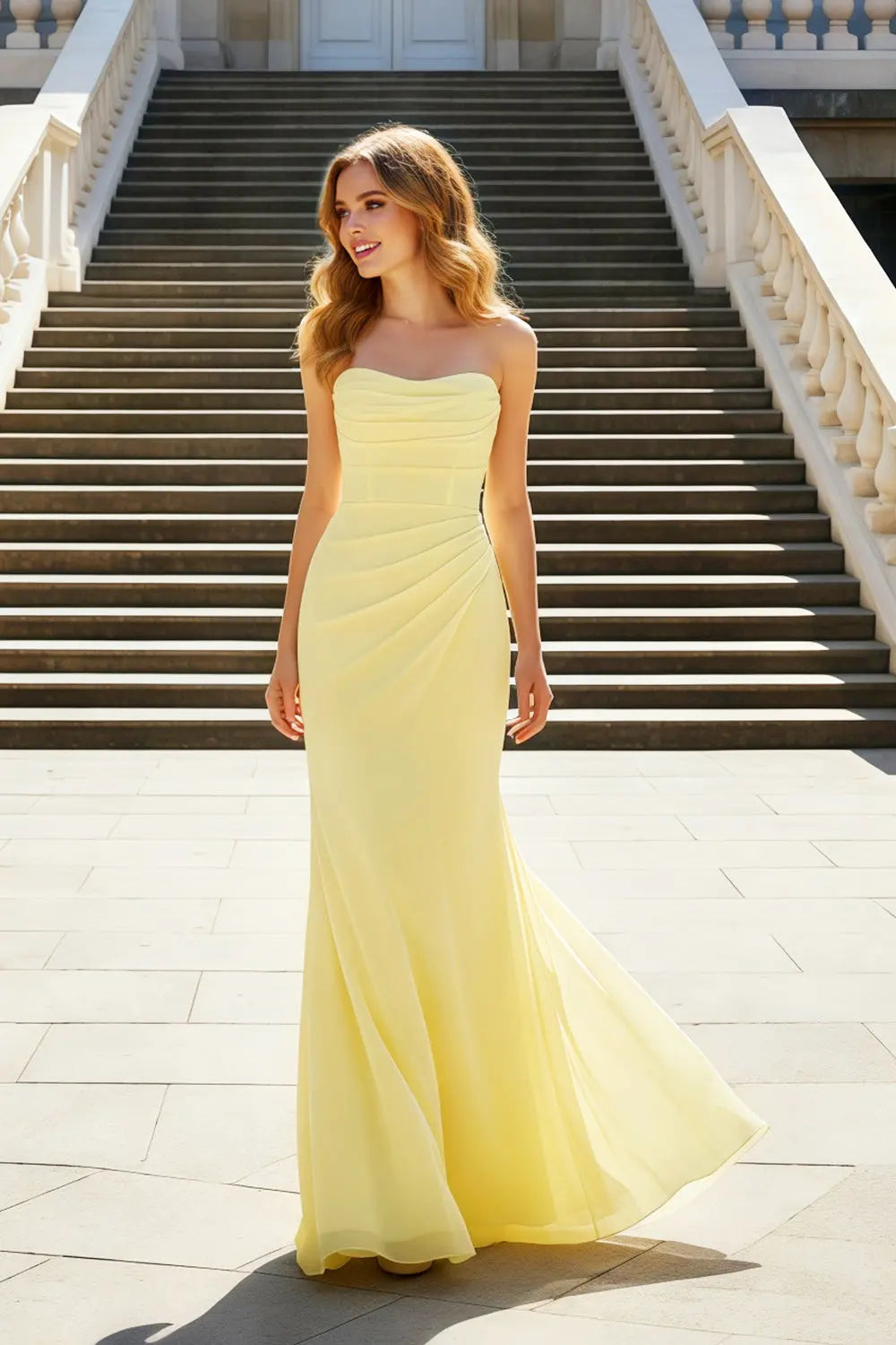Minimalist Yellow Chiffon Sheath Ruched Bodice Prom Dress SH450 Sheer Fairy
