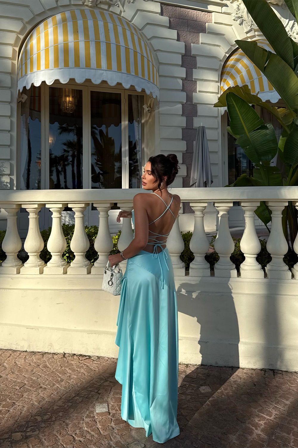 Aqua Blue Satin Backless Evening Dress Cowl Neck Asymmetric High Slit Prom Gown RM257 Sheer Fairy