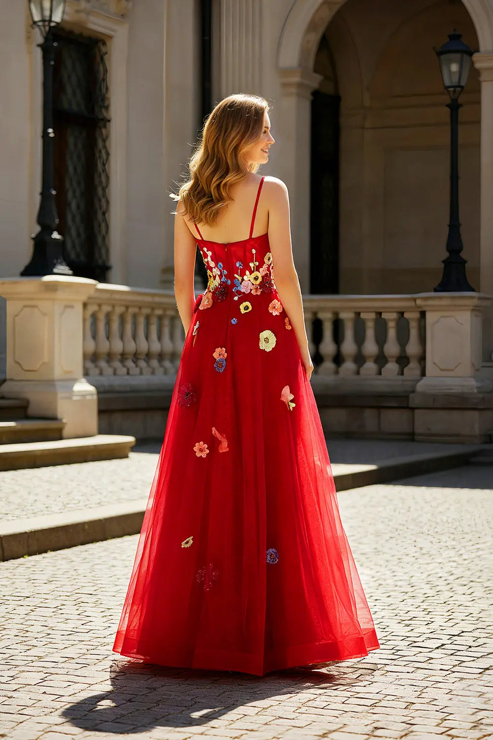 Red Tulle A-Line Spaghetti Strap Prom Dress with 3D Floral SH446 Sheer Fairy