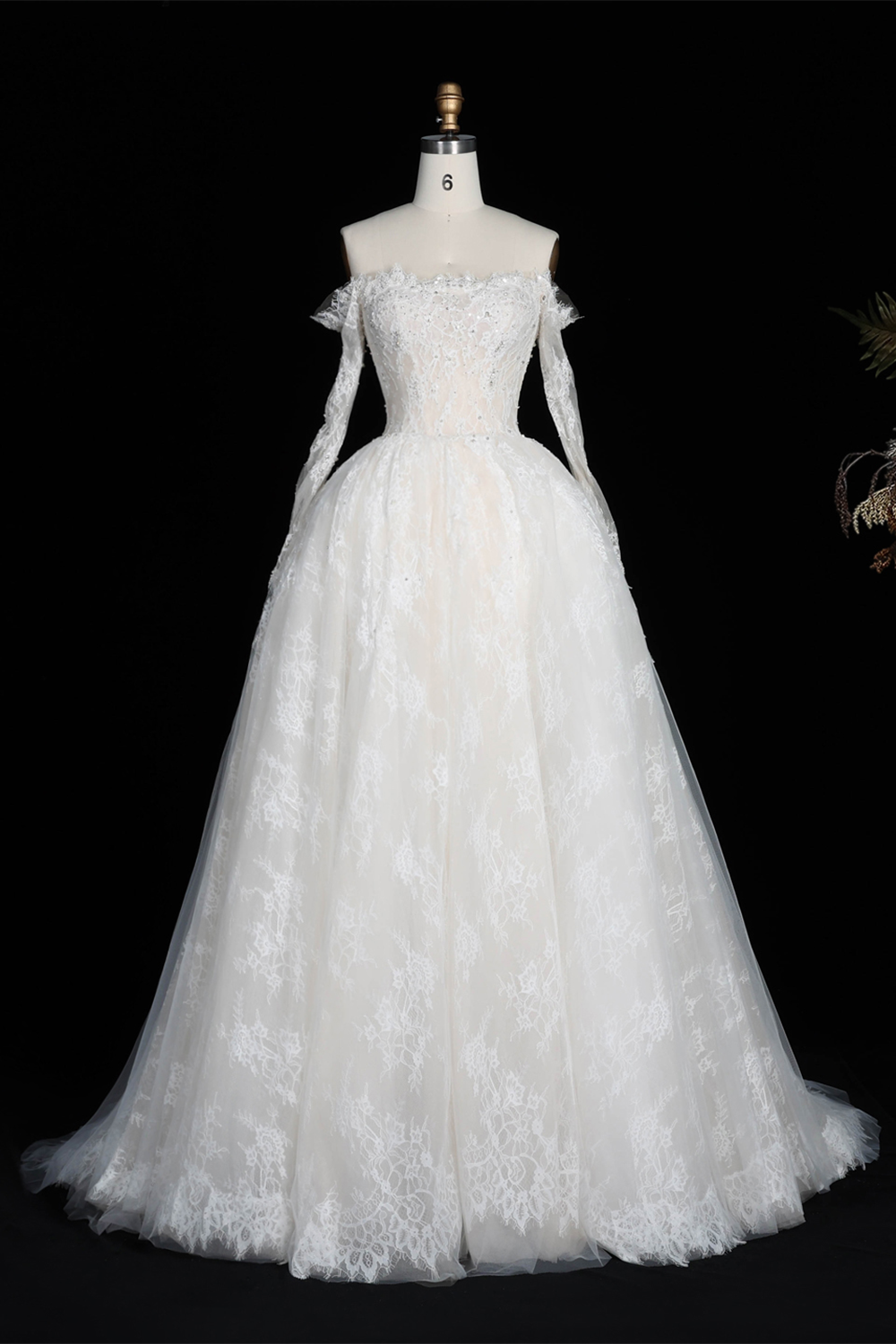 White Lace Ball Gown Wedding Dress Off the Shoulder with Long Sleeves and Beaded Details SW679 Sheer Fairy