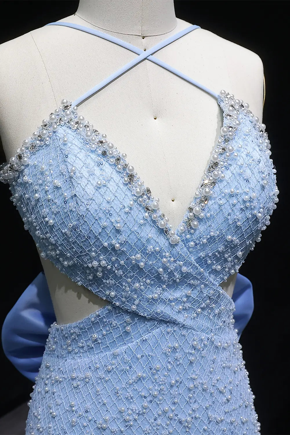 Blue Beaded Mermaid Prom Gown with Crisscross Straps and Train SH066 Sheer Fairy