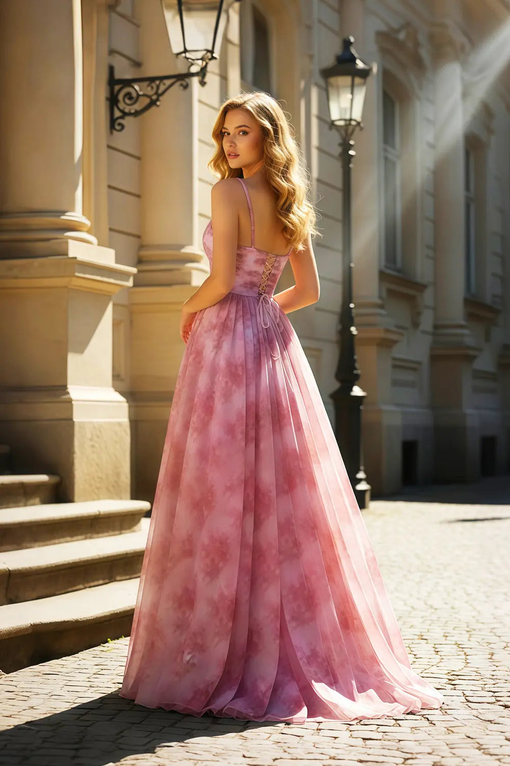 Pink Watercolor Floral Chiffon Spaghetti Strap A-Line Prom Dress SH423 Sheer Fairy