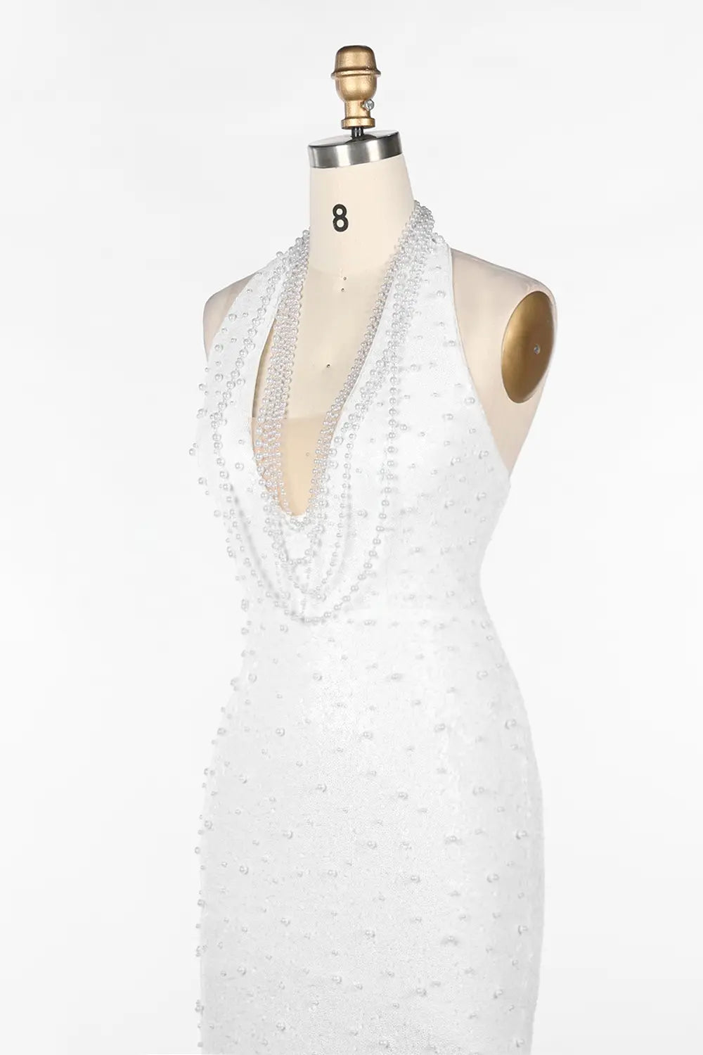 White Halter Pearl Beaded Backless Evening Dress ST091 Sheer Fairy