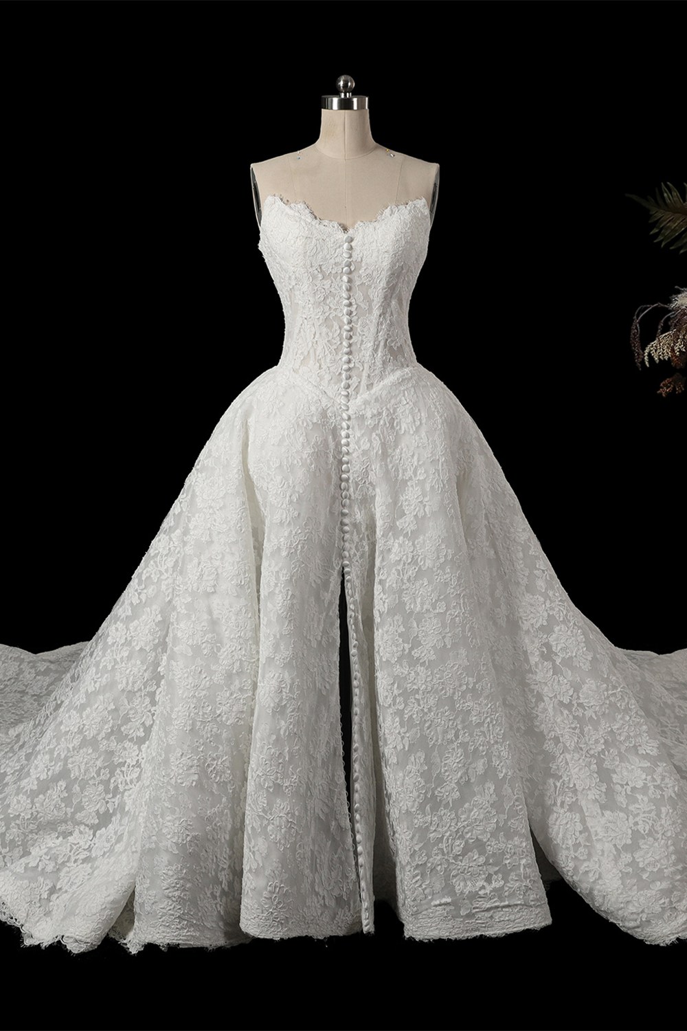 White Lace Strapless Princess Wedding Dress Button Down Front with Long Train SW742 Sheer Fairy